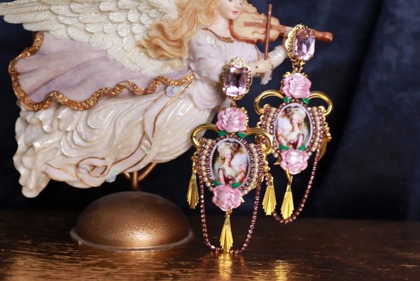 SOLD! 9824 Marie Antoinette Long Pink Flowers Studs Earrings