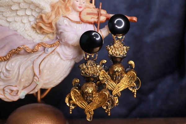 SOLD! 9839 Baroque Chandelier cherubs Black Studs Earrings