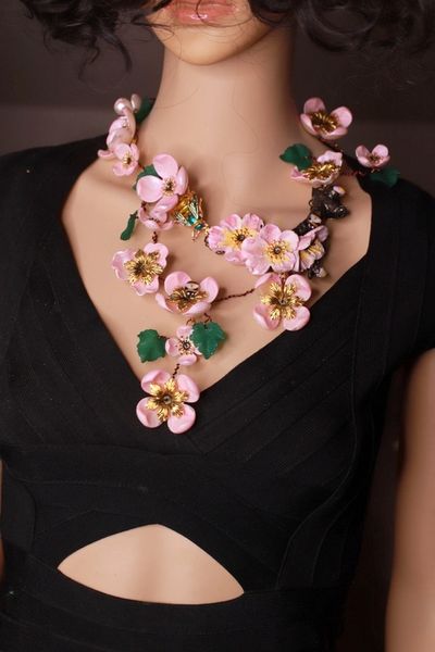 SOLD! 9852 Set Of Sakura blossom Hand Painted Massive Necklace+ Earrings