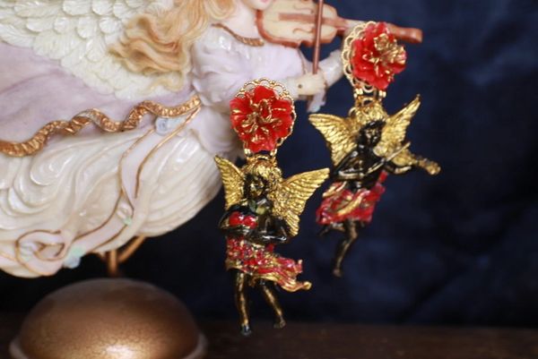SOLD! 9855 Baroque Black Cherubs Hand Painted Earrings
