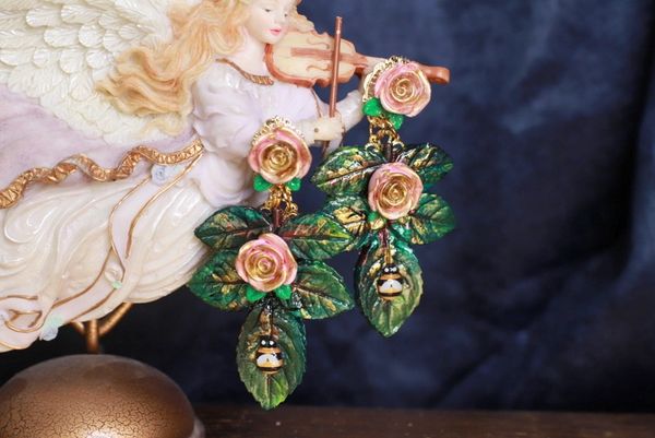 SOLD! 9856 Baroque Vivid Roses Leaf Hand Painted Earrings