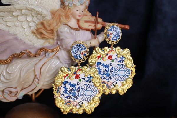 SOLD! 9860 Baroque Sicilian Tile Print Massive Earrings