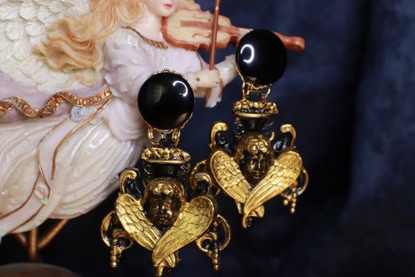 SOLD! 9862 Baroque Chubby Black Chandelier Cherubs Earrings