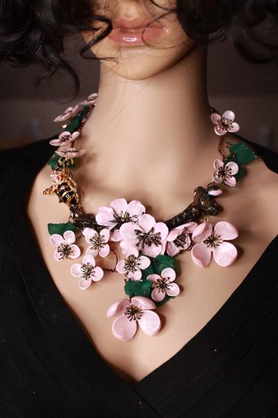 SOLD! 9884 Set Of Sakura blossom Hand Painted Massive Necklace+ Earrings