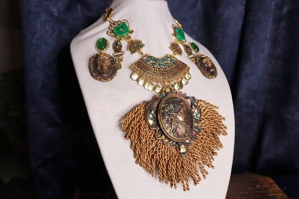 SOLD! 9901 Set Of Art Deco Bronze Color Patina Genuine Gemstones Fringe 3D Necklace+ Earrings