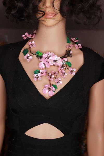 SOLD! 9913 Set Of Sakura blossom Hand Painted Massive Necklace+ Earrings