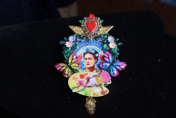 SOLD! 9915 Frida Kahlo Enamel Hand Sacred Heart Butterfly Huge Brooch