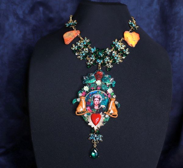 SOLD! 9916 Frida Kahlo Leopards Sacred Heart Stunning Necklace