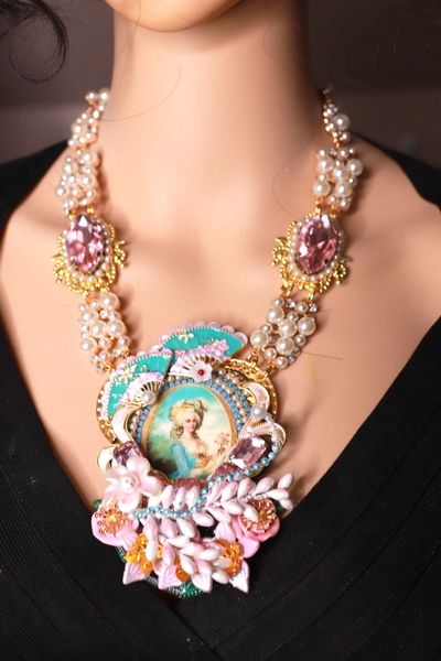 SOLD! 9918 Marie Antoinette Cameo Aqua Fan Vintage Style Necklace