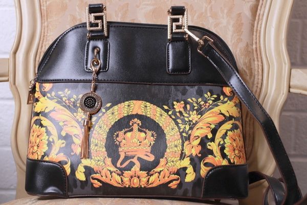 9926 Runway Designer Black Baroque Crown Print Handbag