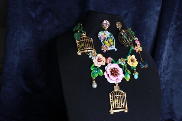 SOLD! 9967 Set Of Enamel Flowers Bird Cages Massive Necklace+ Earrings