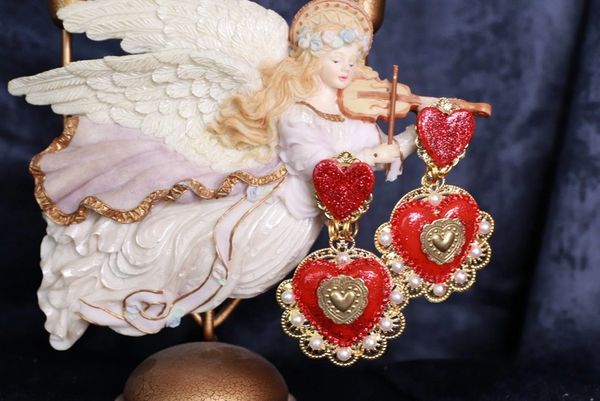 10011 Baroque Sacred Heart Red Earrings Studs