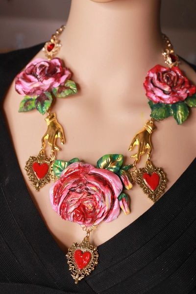 SOLD! 10030 Baroque Vivid Roses Sacred Hearts Massive Necklace
