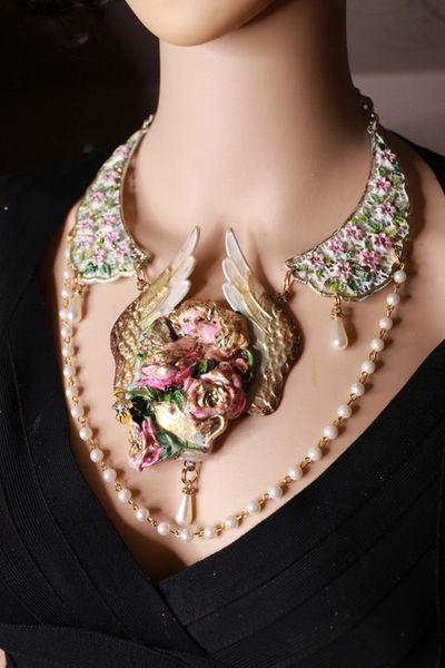 SOLD! 10038 Romantic Baroque Cherubs Angels Winged Massive Hand Painted Necklace