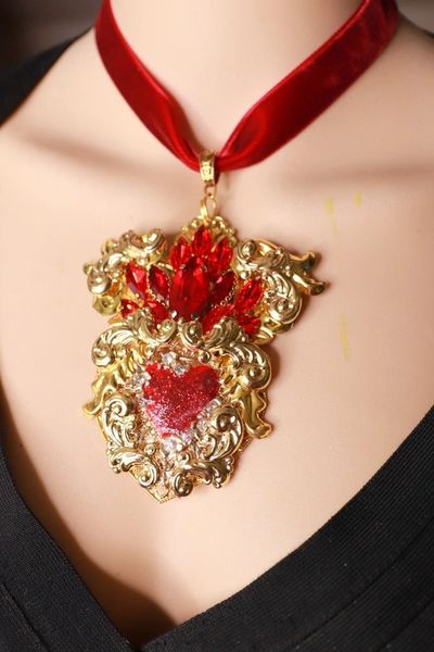 SOLD! 10055 Baroque Red Sacred Heart Velvet Choker Pendant Necklace