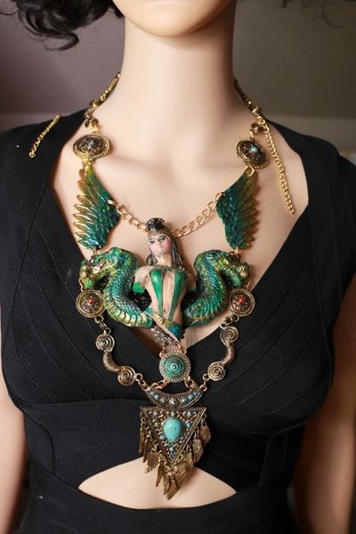 SOLD! 10058 Dark Series Art Jewelry 3D Effect Bronze Patina Greek Goddess Warrior Dragons Huge Necklace
