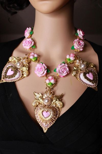 SOLD! 10061 Baroque Sacred Pink Hearts Roses Necklace