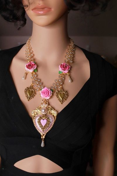 10066 Baroque Sacred Heart Pink Roses Massive Necklace