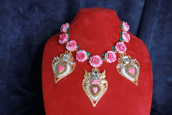 SOLD! 10071 Baroque Sacred Pink Hearts Roses Necklace
