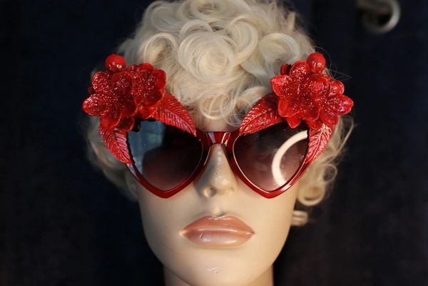 SOLD! 10077 Baroque Red Flower Embellished Sunglasses