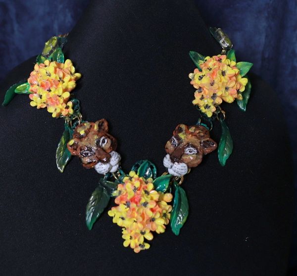 SOLD! 10079 Vivid Hand Painted Leopards Flower Massive Necklace