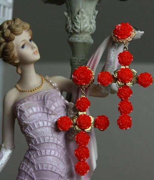 SOLD! 1115 Baroque Red Rose Massive Cross Earrings