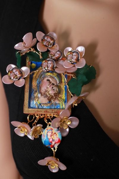 10085Virgin Mary Madonna Icon Flower Blossom Brooch Pin