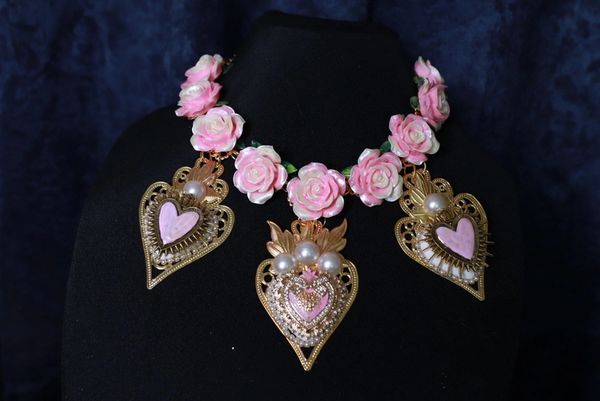 SOLD! 10086 Baroque Sacred Hearts Pink Roses Massive Necklace