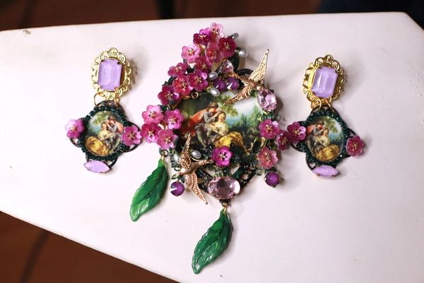 10104 Set Of Brooch Plus Earrings Cameo Victorian Purple Flowers Brooch