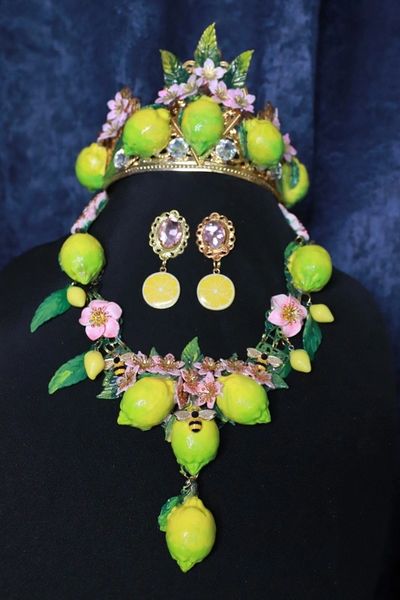 10114 Set Of Baroque 3D Effect Lemon Fruit Statement Necklace+ Earrings