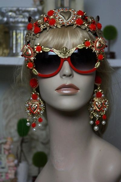 SOLD!1119 Designer Baroque Red Frame Cherub Heart Embellished Sunglasses