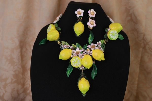 SOLD! 10124 Set Of Baroque 3D Effect Lemon Fruit Statement Necklace+ Earrings