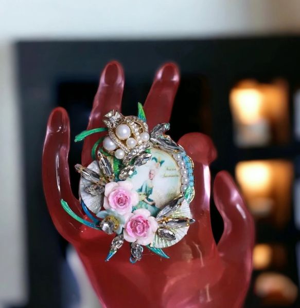 9024 Young Marie Antoinette Crown Aqua Flowers Adjustable Cocktail Ring