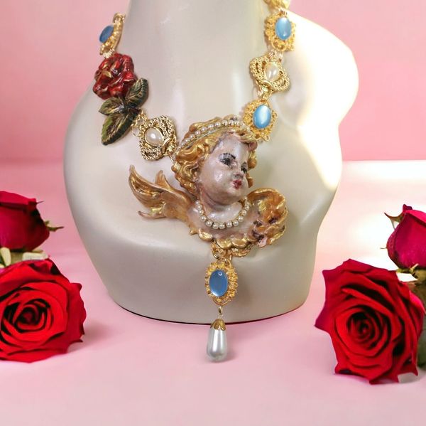 SOLD! 10138 Baroque Chubby Italian Cherub Rose Massive Necklace