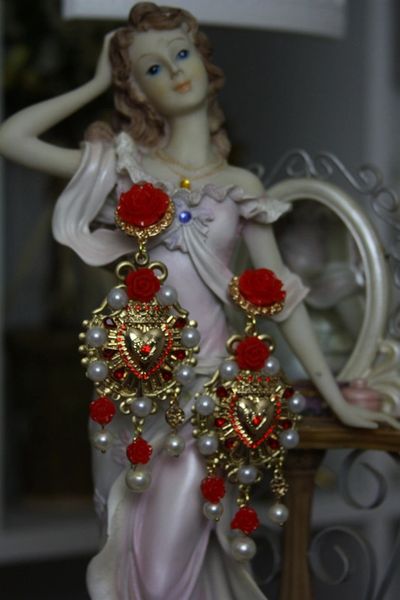 SOLD! 1121 Designer Inspired BAroque Heart Red Rose Dangle Earrings