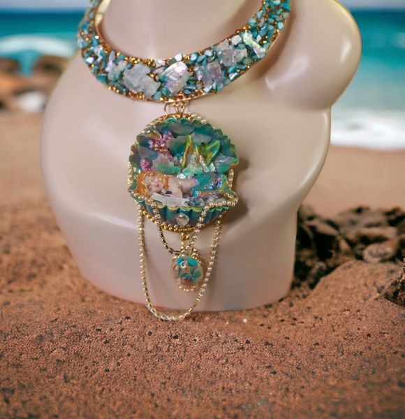 SOLD! 10142 Art Nouveau Nautical Sleeping Mermaid Massive Necklace