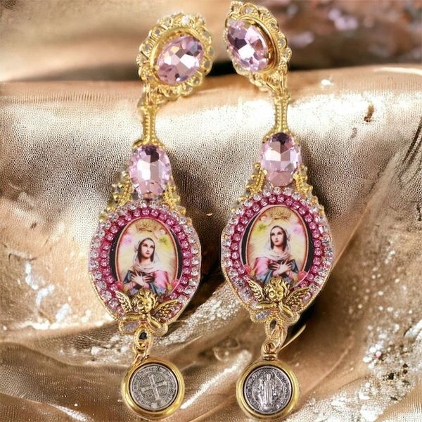10182 Virgin Mary Pink Long Elegant Earrings Studs