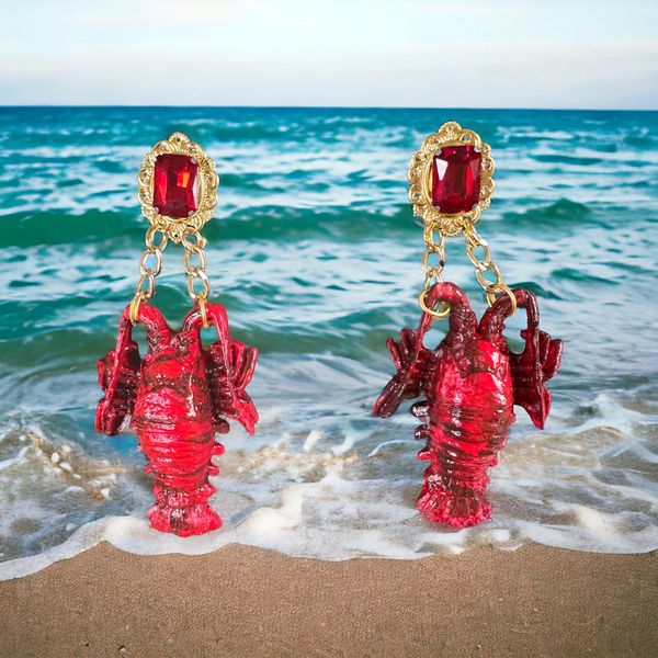 10191 Nautical Red Lobster Huge Beach Studs Earrings