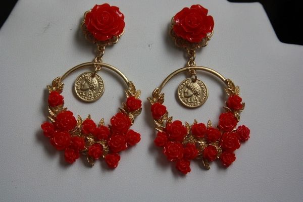 1129 Runway Red Rose Dangle Coin Earrings Studs