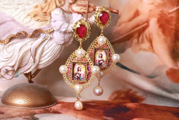 10236 Virgin Mary Pink Long Elegant Earrings Studs