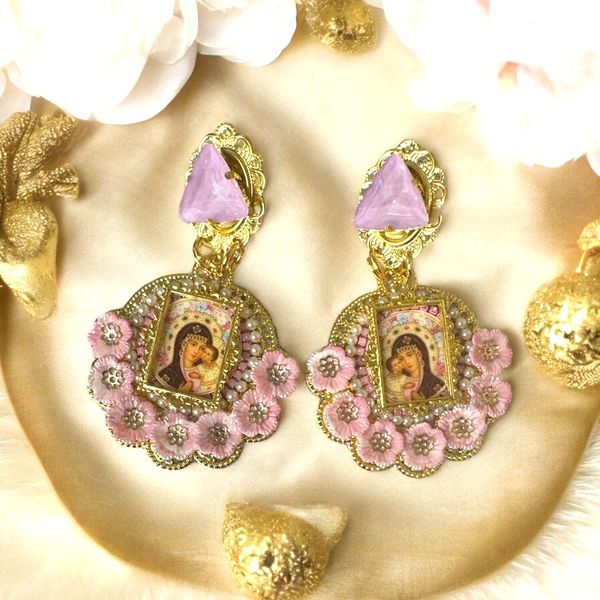 10237 Virgin Mary Pink Rhinestone Elegant Earrings Studs