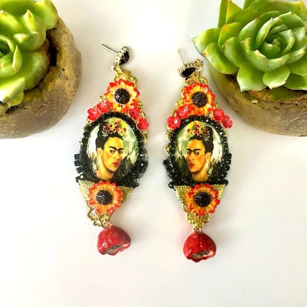 10243 Frida Kahlo Green Hand Painted Earrings