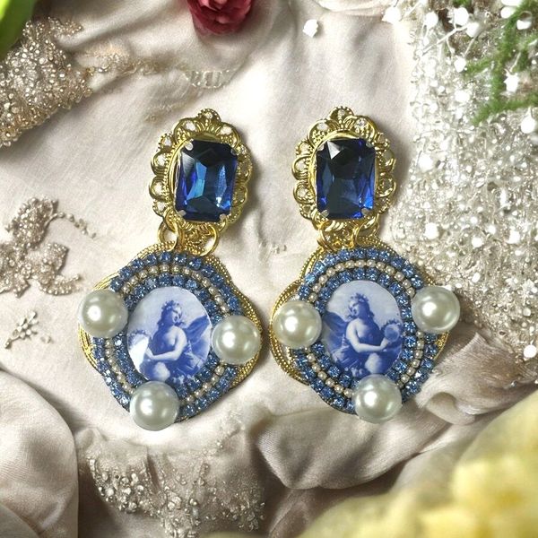 10244 Renaissance Cameo Blue Tile Elegant Earrings Studs