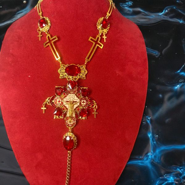 10251 Religious Jesus Massive Cross Red Rhinestones Necklace