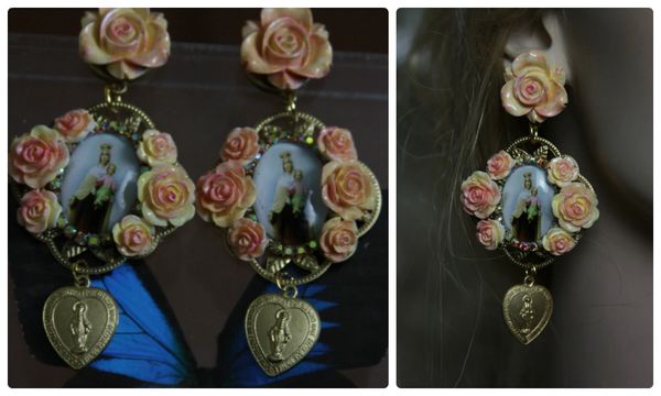 SOLD! 1137 Victorian Cameo Religious Hand Painted Rose Studs Earrings