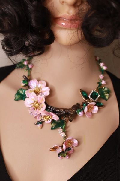 10263 Sakura blossom Enamel Bee Hand Painted Massive Necklace