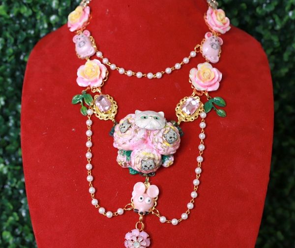 10275 Baroque Cat Lovers Mice Roses Pearl Necklace