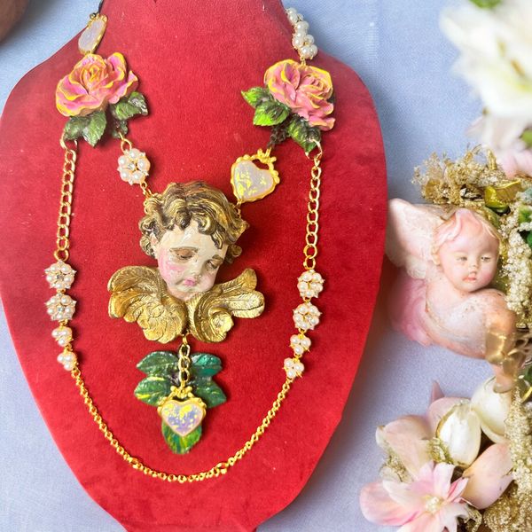 10298 Baroque Chubby Cherub Angel Roses Huge Necklace