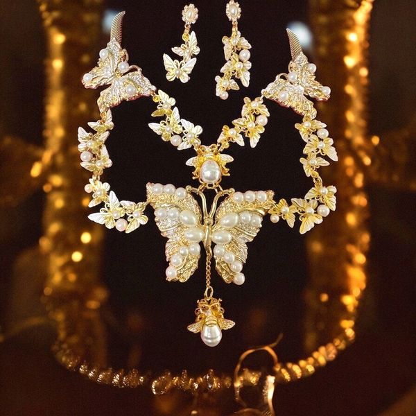 10320 Set Of Bridal Butterfly Metal Pearl Necklace+ Earrings