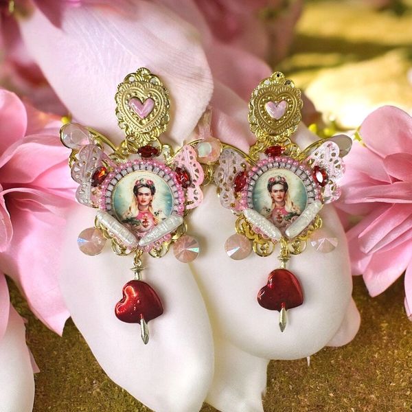 SOLD! 10323 Frida Kahlo Butterfly Painted Earrings